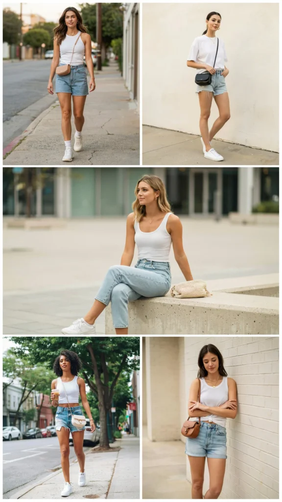 White Tank Top with Denim Shorts
