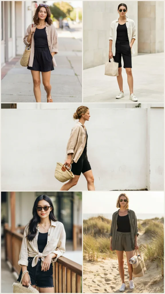 Linen Button-Up with Black Shorts