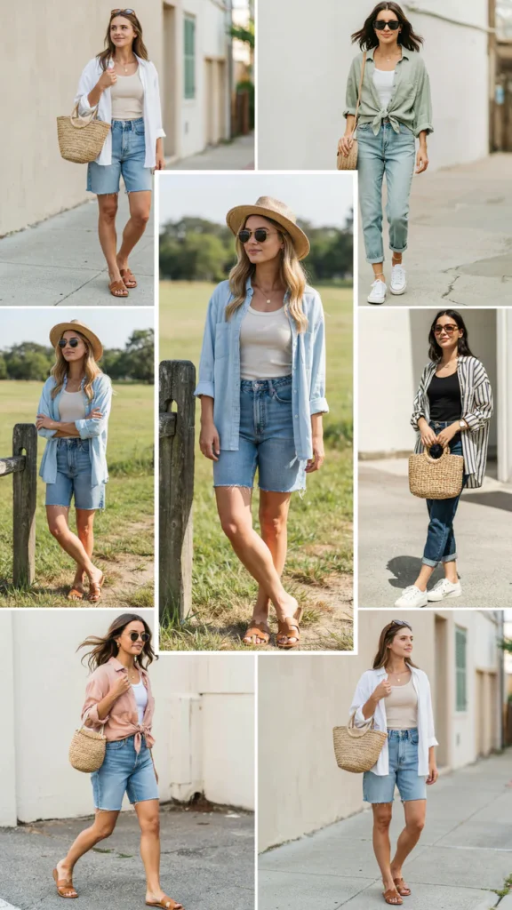 Casual Button-Up Shirt with Denim Cutoffs