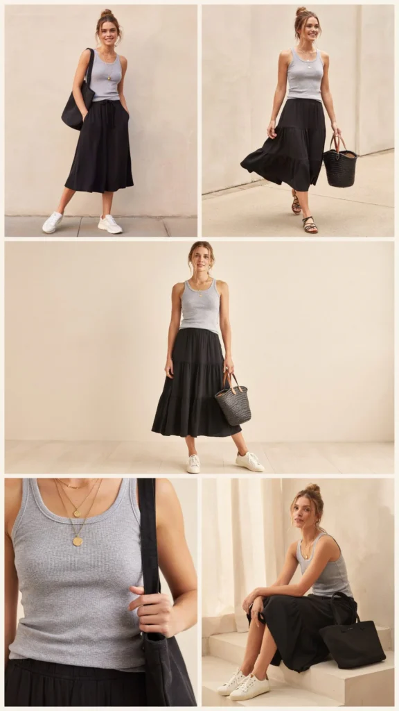 Gray Tank with Black Maxi Skirt