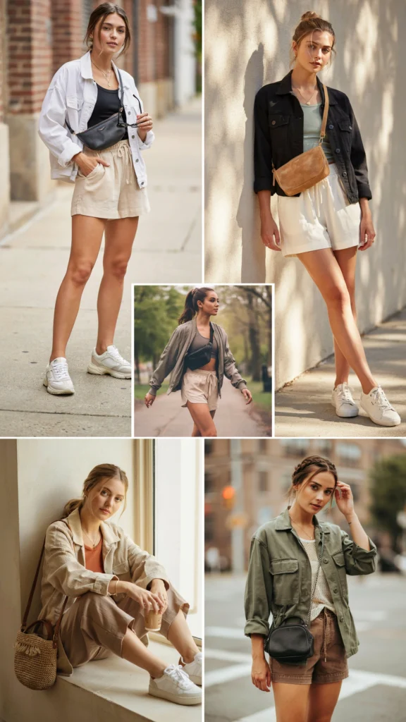 Cropped Light Jacket with Tank Top and Linen Shorts