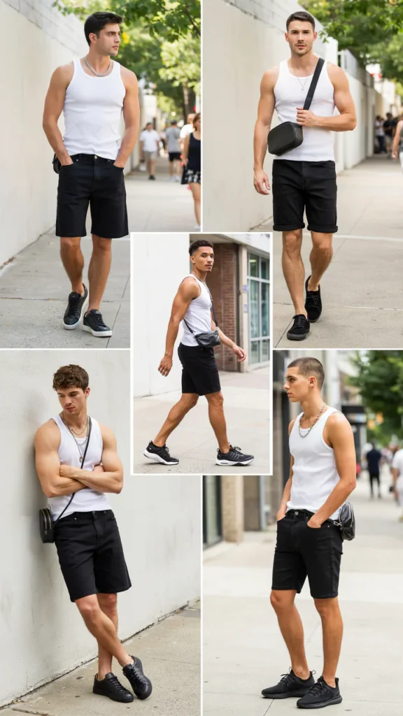 White Tank Top with Black Denim Shorts