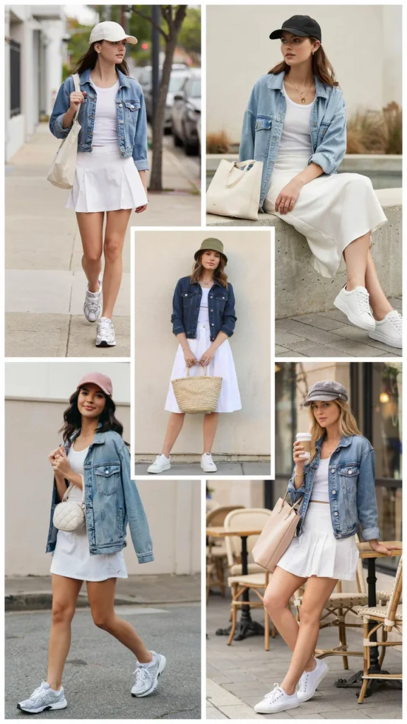 Denim Jacket with a White Skirt