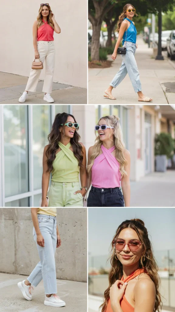 Bright Halter Top with Wide-Leg Jeans