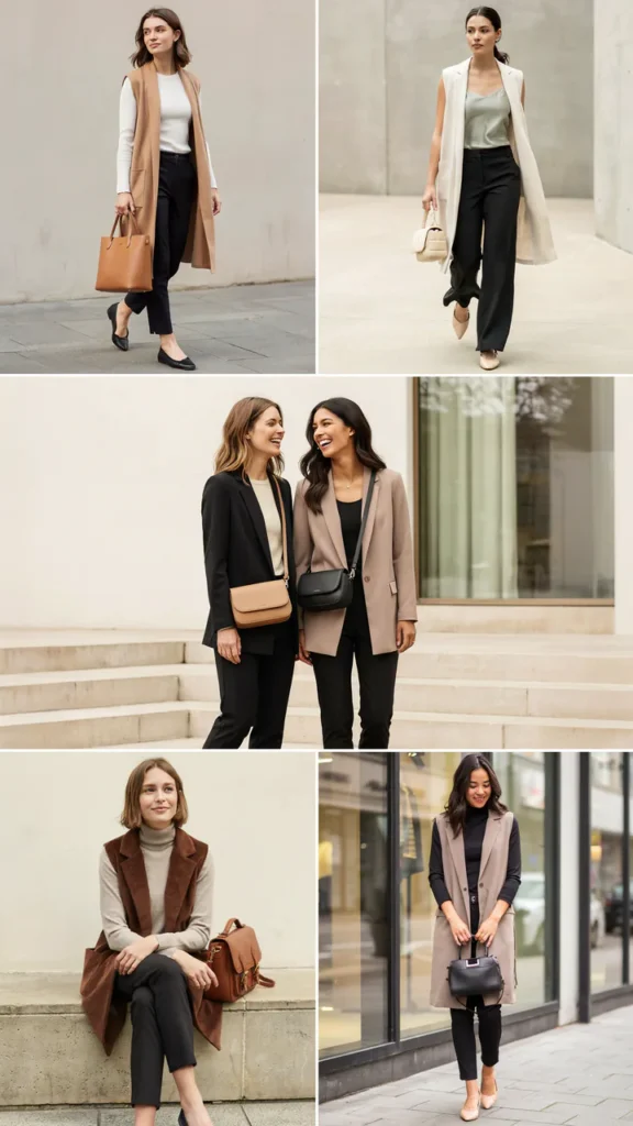 Black Pants with a Skirted Blazer or Long Vest