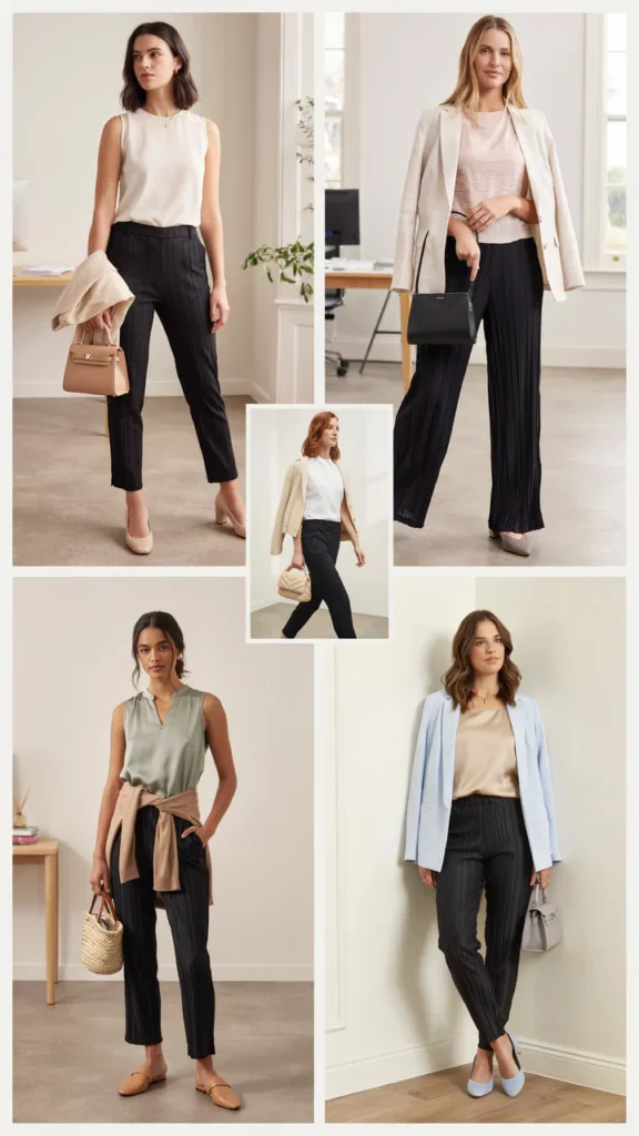 Sleeveless Blouse with Black Pleated Pants
