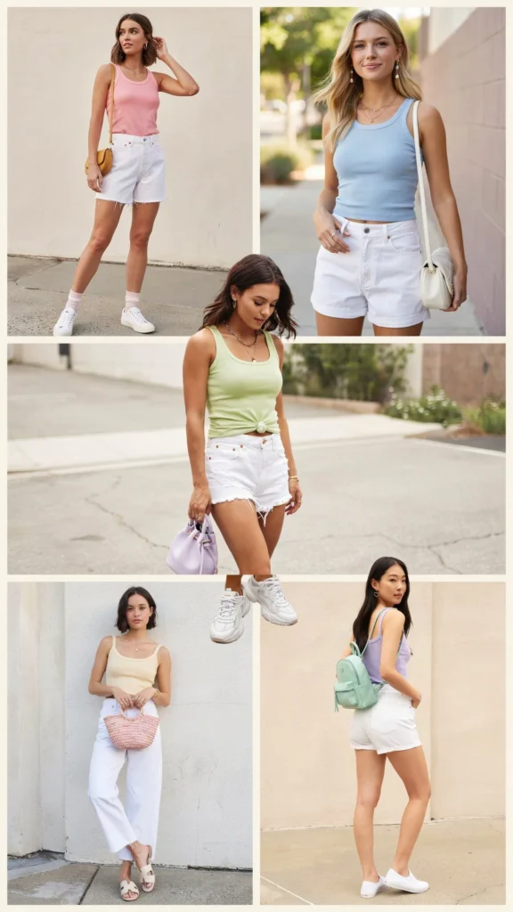 Colorful Tank Top with White Denim Shorts