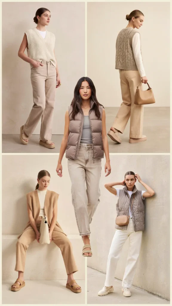 Neutral Vest with Wide-Leg Jeans
