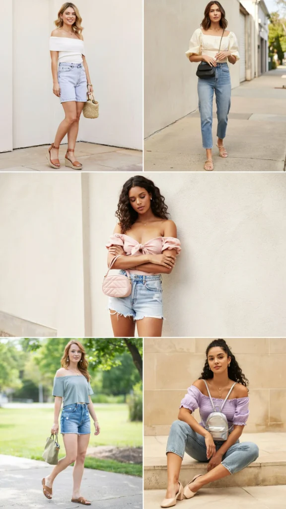 Off-Shoulder Top with Denim Shorts