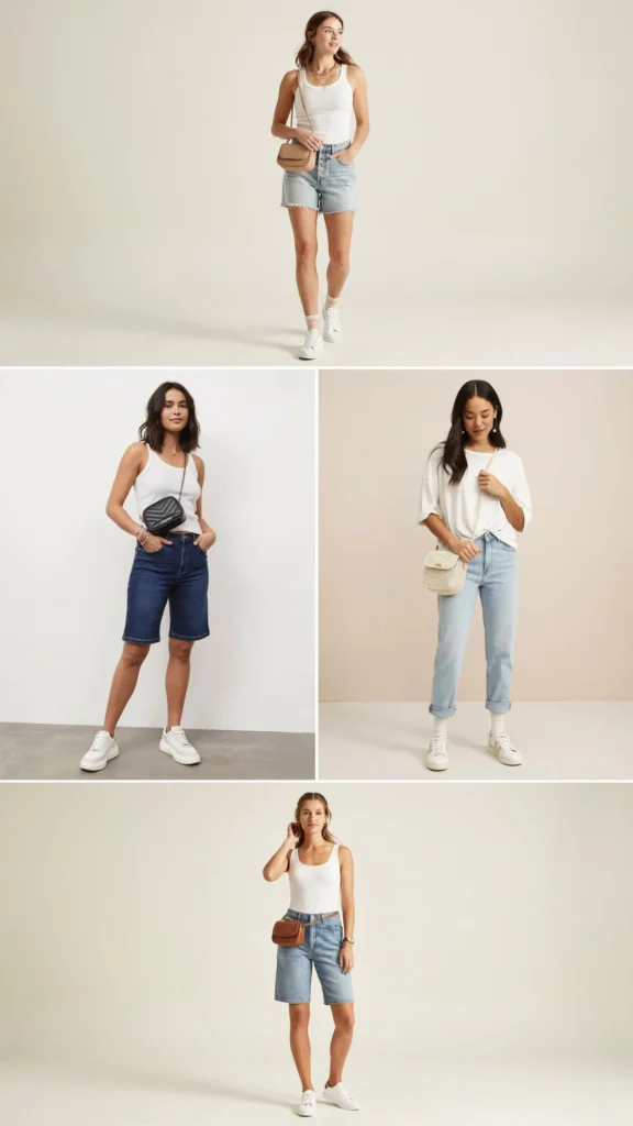White Tank Top with Denim Shorts