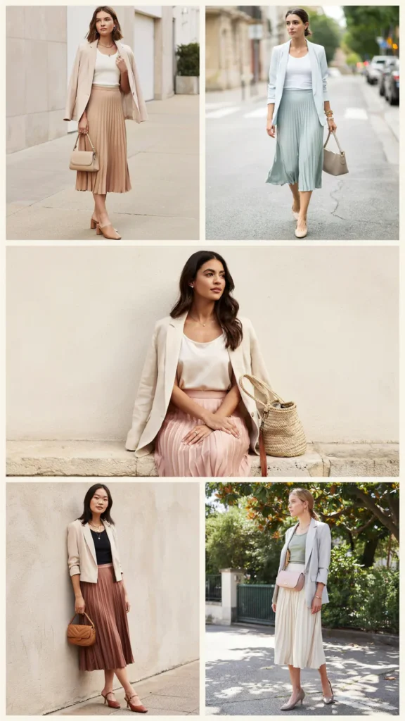Chic Tank Top with Pleated Skirt and Light Blazer