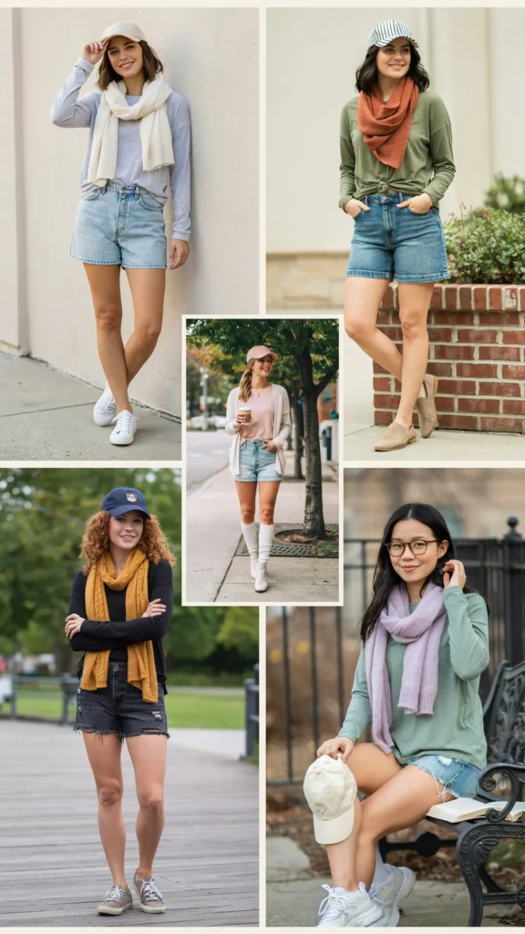 28. Cozy Scarf with Long-Sleeve Tee and Denim Shorts