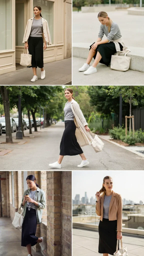 Jersey-Inspired Top with a Black Midi Skirt