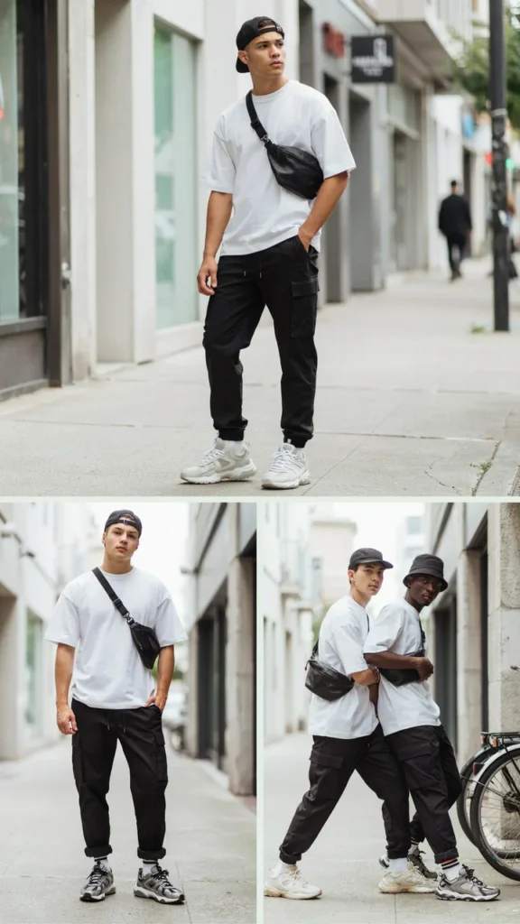 White Oversized T-Shirt with Black Cargo Pants