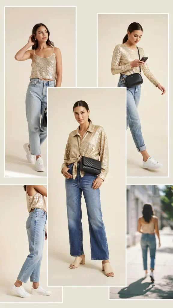 Gold Sequin Top with Mom Jeans