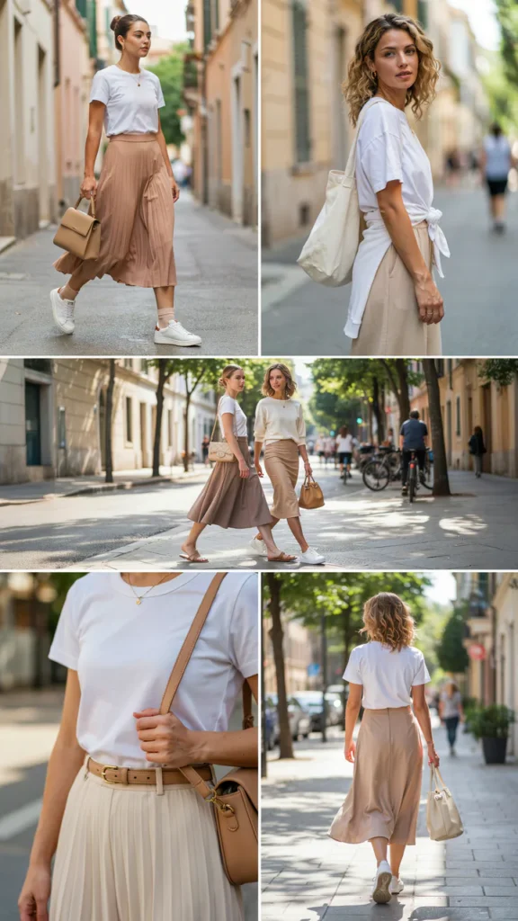 Neutral Midi Skirt with a White T-Shirt