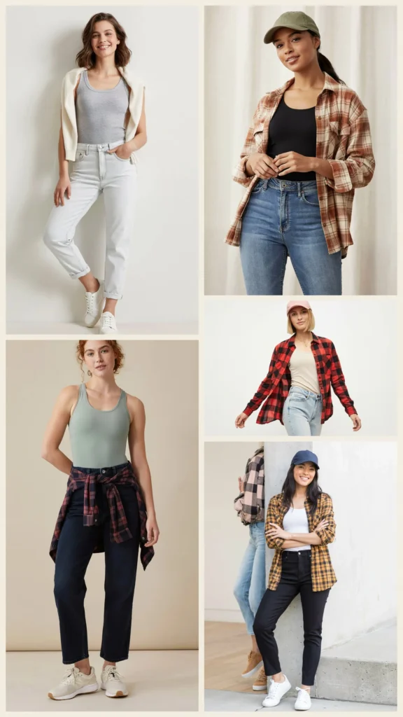5. Warm Shacket with Tank Top and Jeans