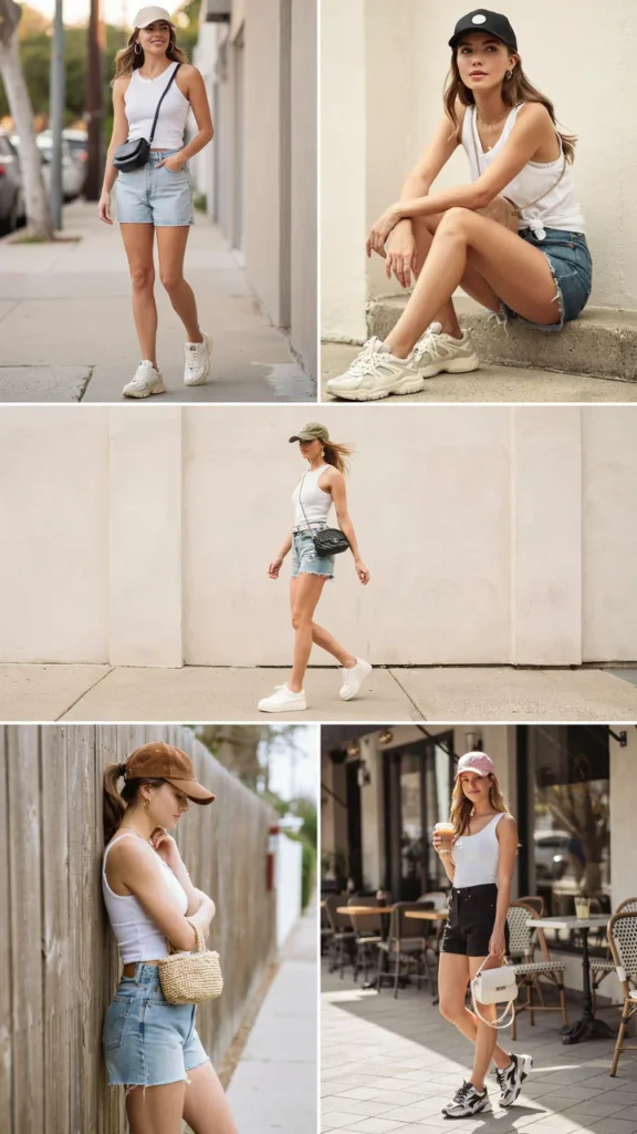 White Tank Top with High-Waist Denim Shorts