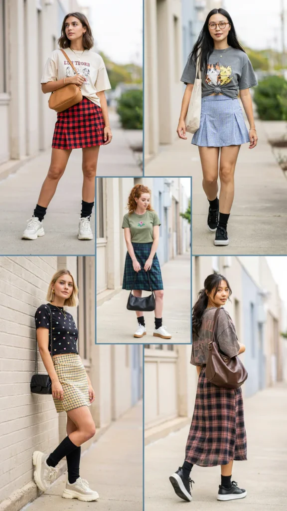 Graphic Tee with Plaid Skirt
