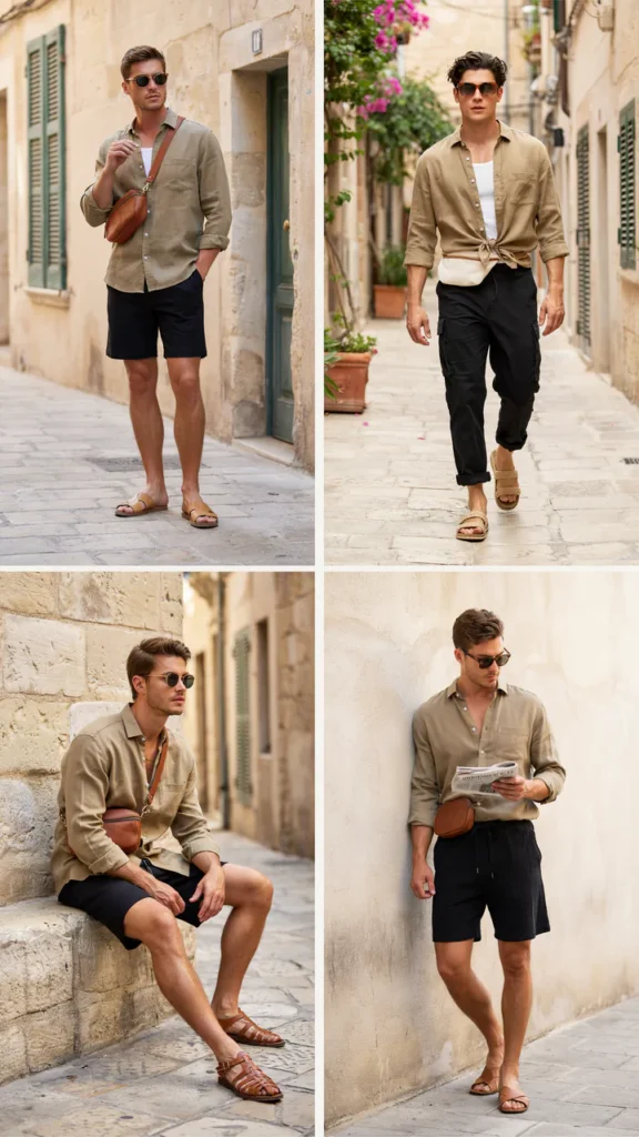 Olive Linen Shirt with Black Shorts