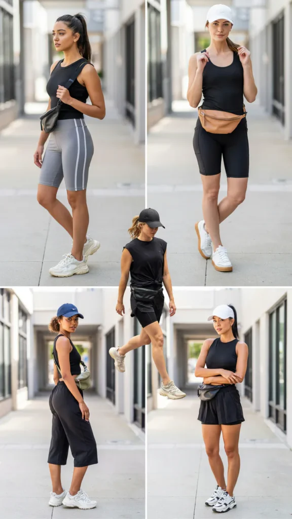 Black Sleeveless Top with Sporty Track Shorts