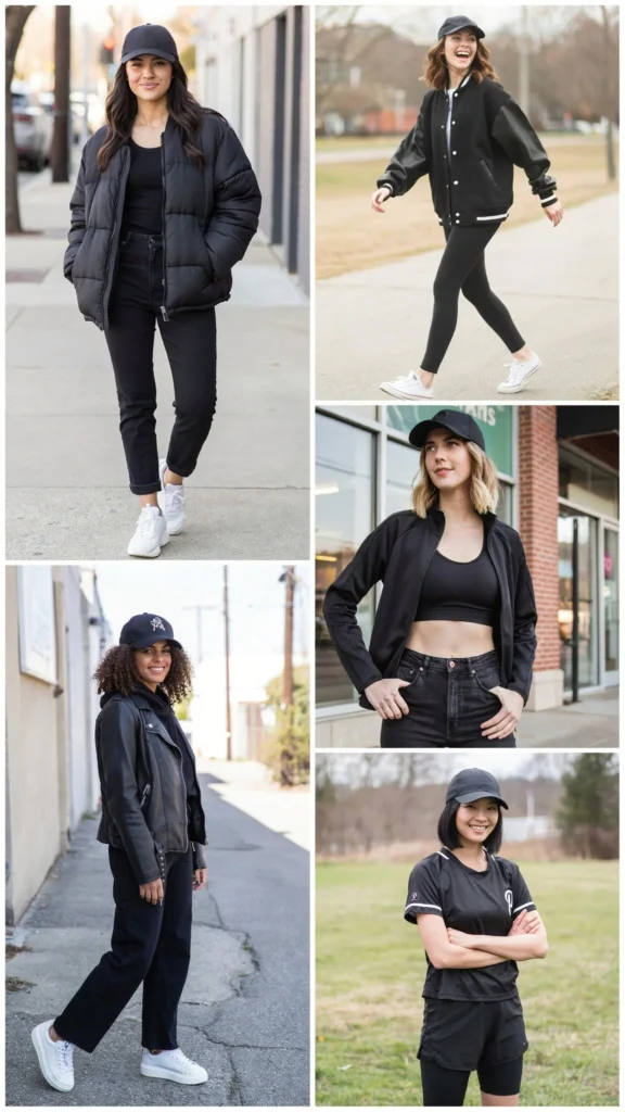 All-Black Baseball Outfit with White Sneakers