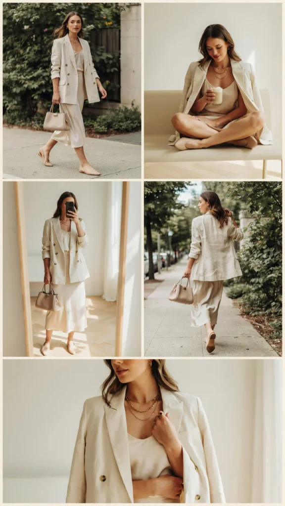 Cream Blazer with a Satin Slip Skirt