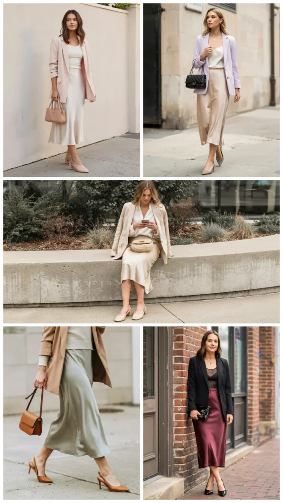 Date-Night Corporate Look with Satin Skirt and Light Blazer