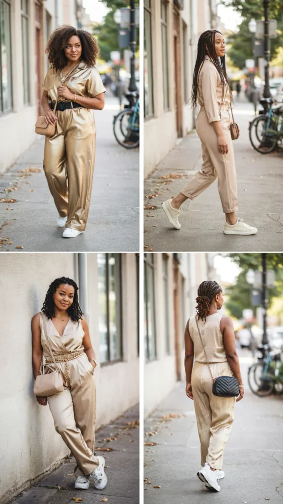  Gold Plus-Size Jumpsuit with Sneakers